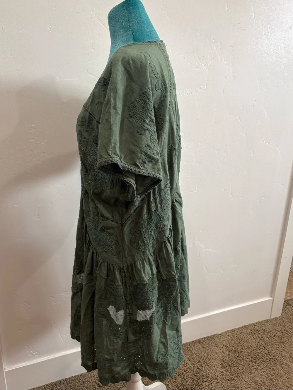 free people green embroidered dress Olive Eyelet Boho Mini Size L _okendo:syndication_key:CL135975343